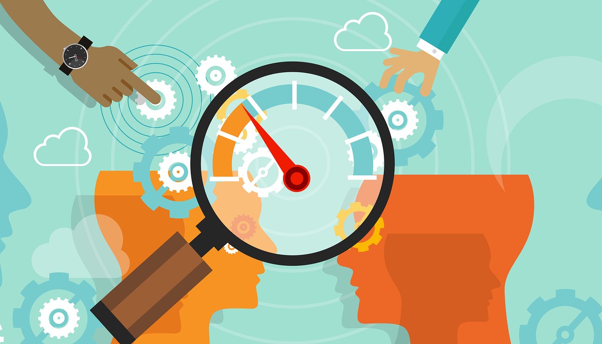 Illustration of a hand holding a magnifying glass over a large dial