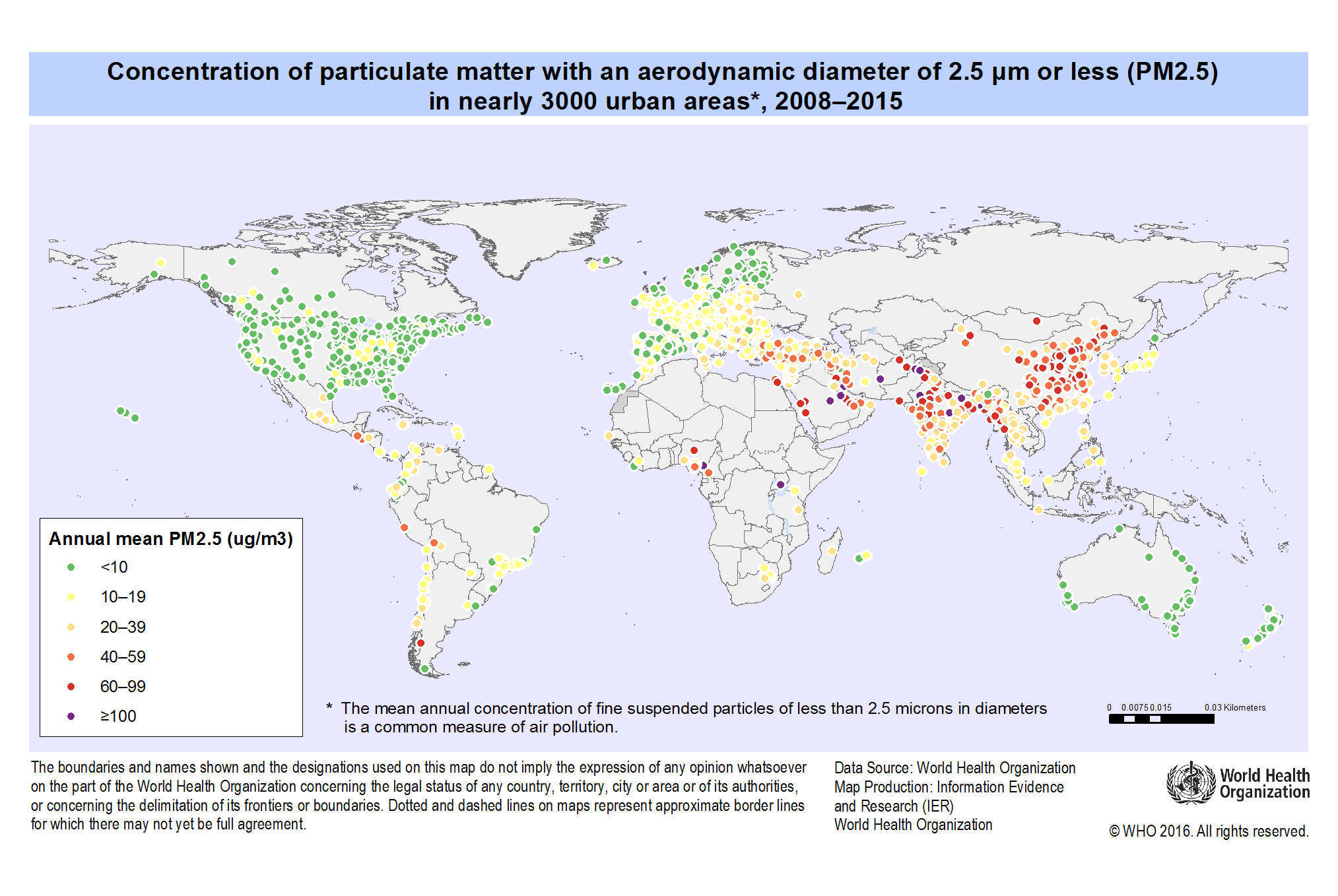 World map plotting annual mean PM2.5 concentration in nearly 3,000 urban areas from 2008 to 2015, with the highest values across the Middle East, South Asia and China