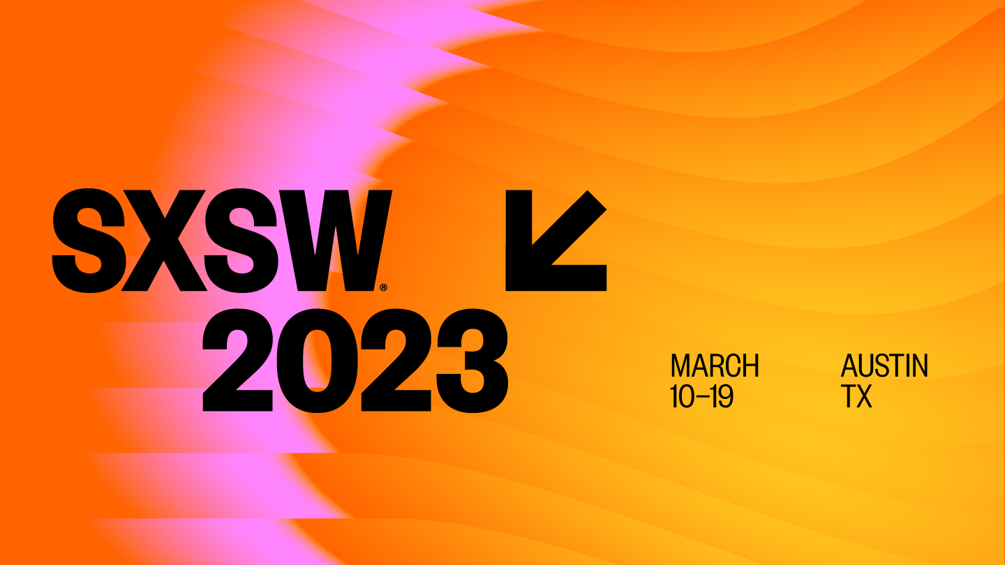 The SXSW 2023 logo on an orange gradient background