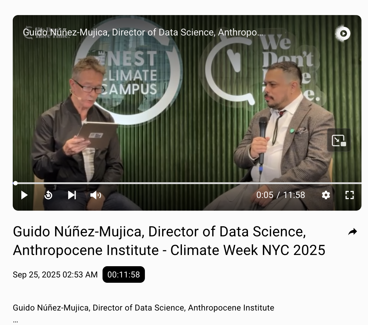 Video player showing Guido Núñez-Mujica interviewed at the We Don’t Have Time climate campus during Climate Week NYC 2025