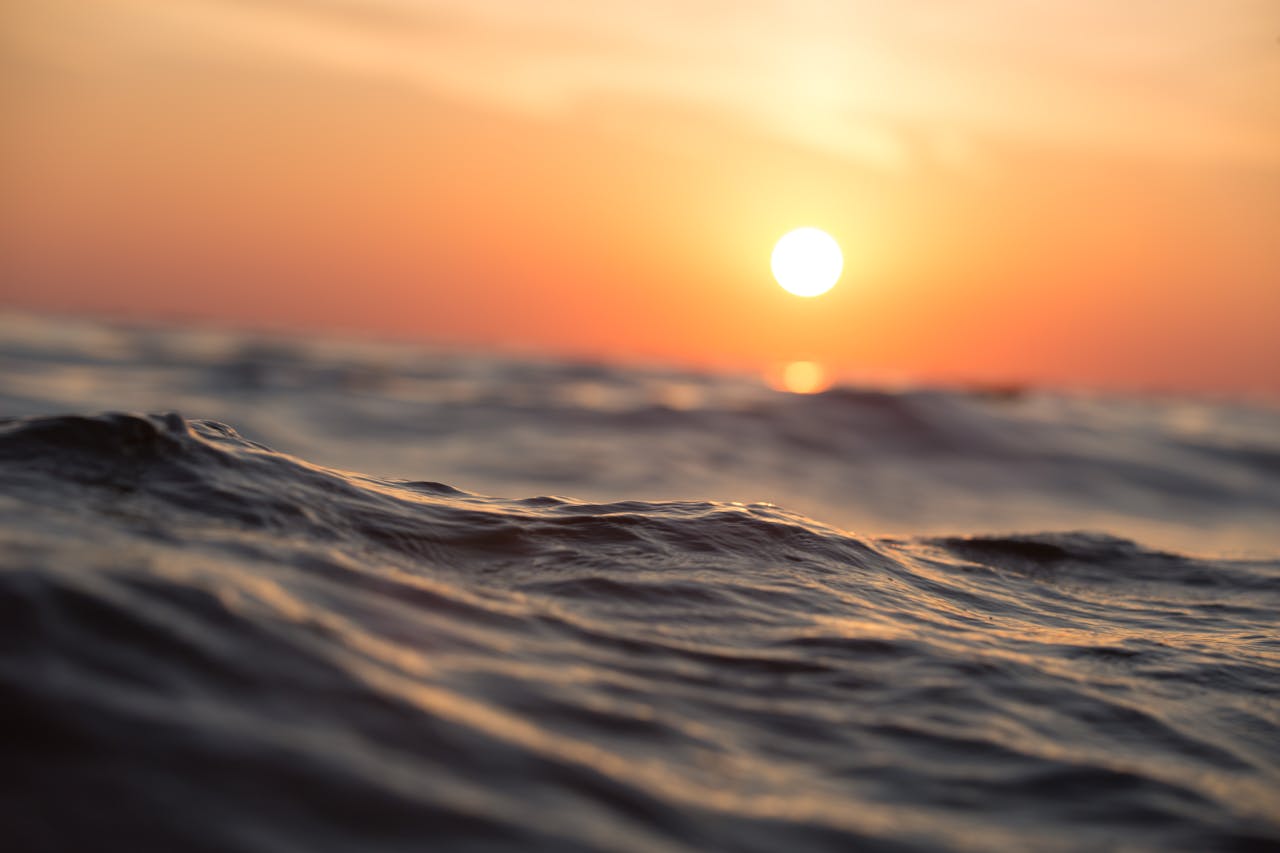 The sun setting over an ocean swell at golden hour