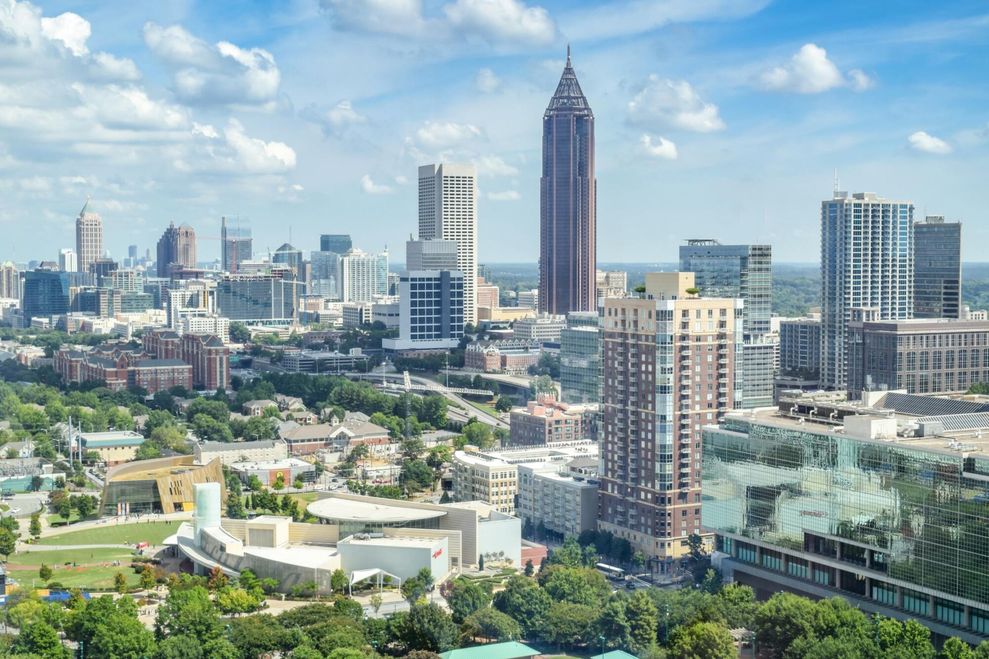 Aerial view of the downtown Atlanta skyline on a clear day
