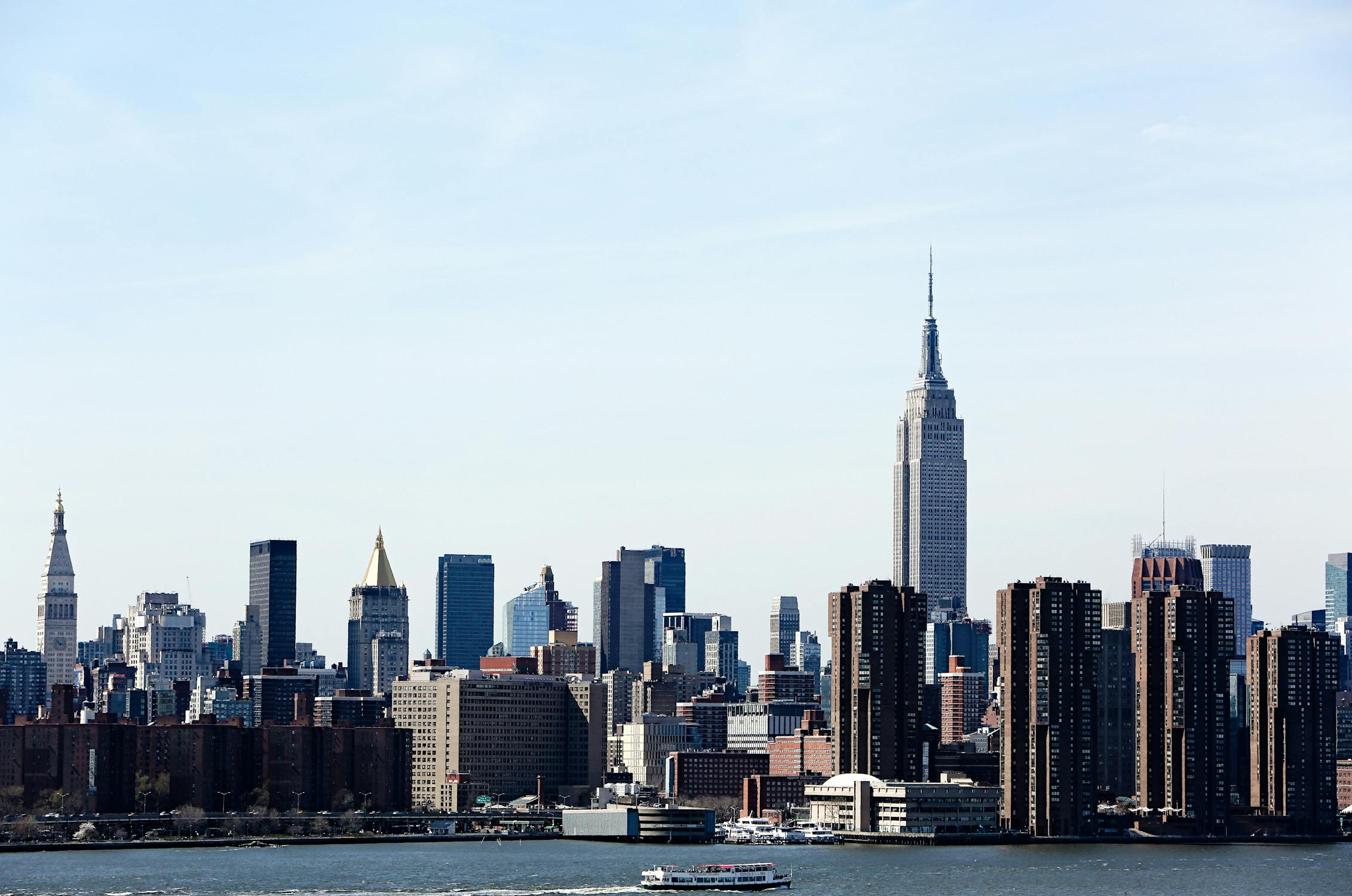 The Manhattan skyline seen across the water on a hazy day