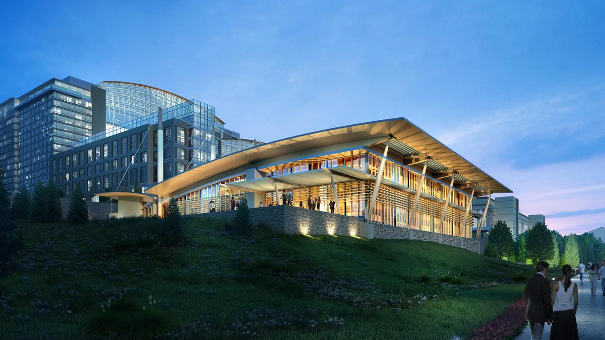 The convention center at National Harbor lit at dusk, venue of the ARPA-E Energy Innovation Summit