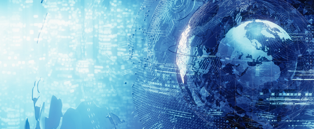 A digital rendering of the globe overlaid with data streams, lit in blues
