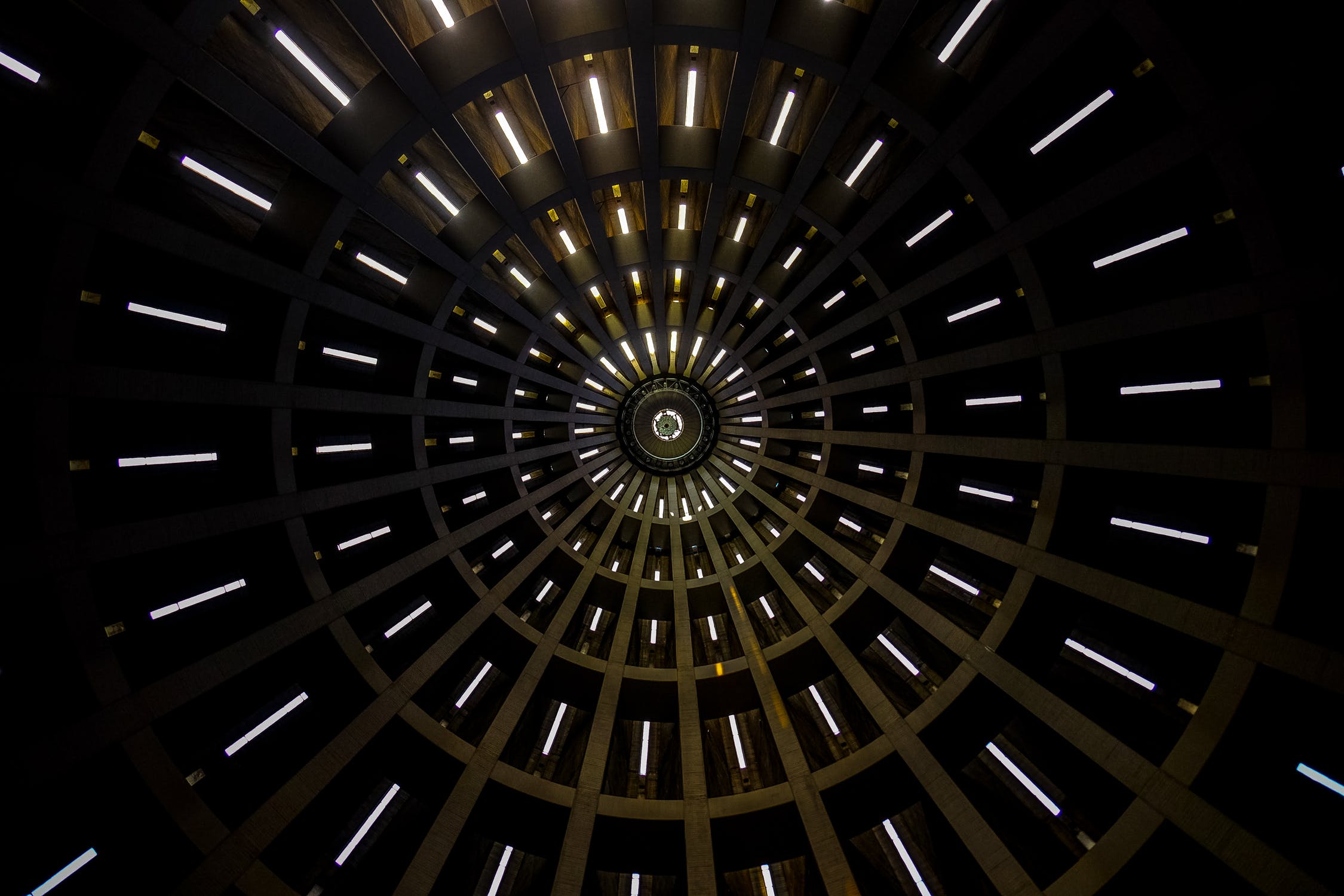 Rings of light radiating across a dark domed ceiling