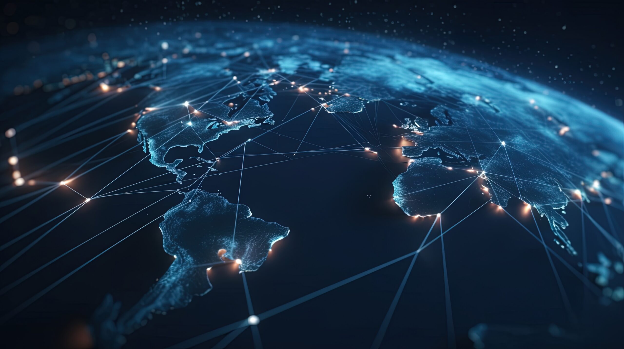 Night view of Earth from orbit with the Americas and Africa outlined in blue light, linked by a web of glowing network lines and city points.