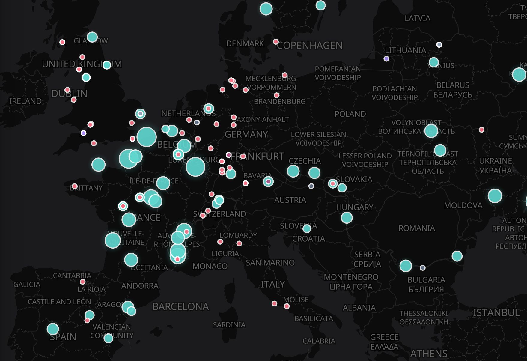 Detail of the atlas showing nuclear plants across Europe as teal and red circles