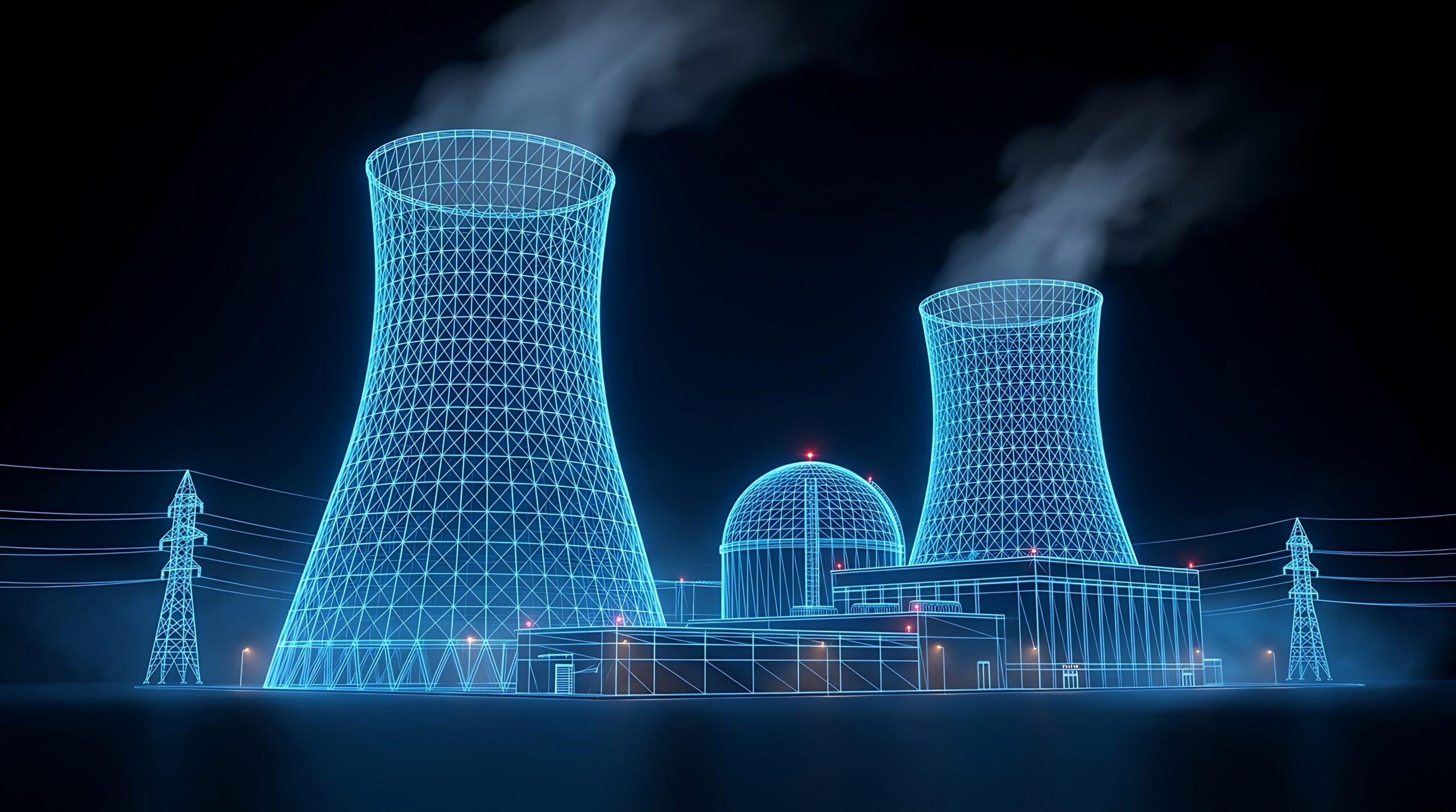Glowing blue wireframe rendering of a nuclear power plant at night, with two cooling towers, a containment dome and transmission towers