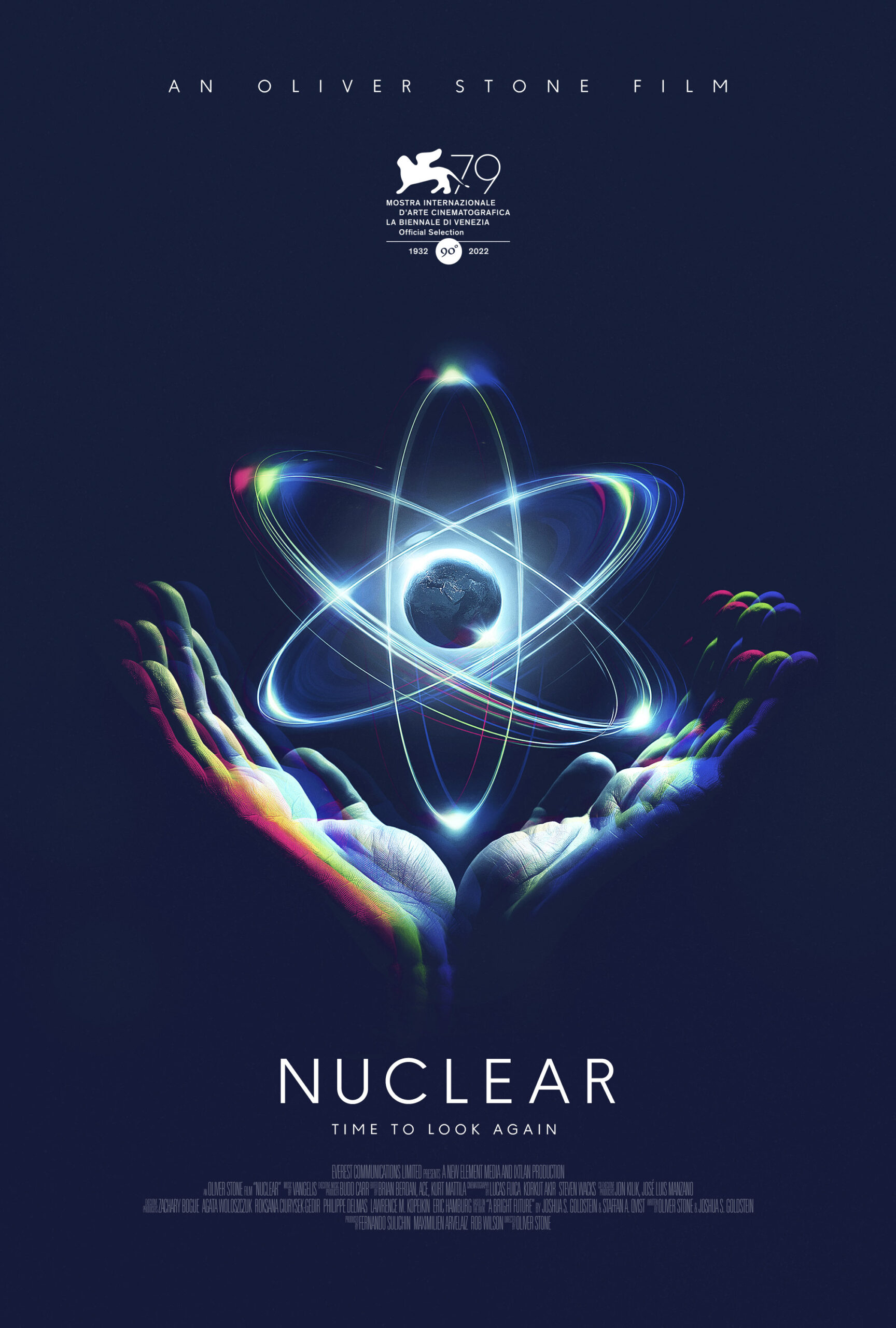 Poster for Oliver Stone’s documentary Nuclear Now showing a stylised atom