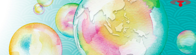 Watercolour graphic of soap bubbles, the largest printed with a map of Asia