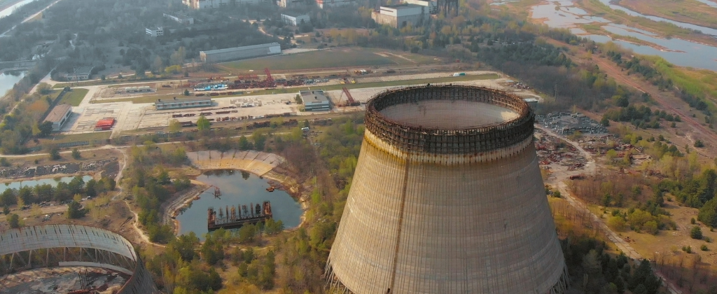 Aerial view of the unfinished cooling tower at the Chernobyl nuclear plant