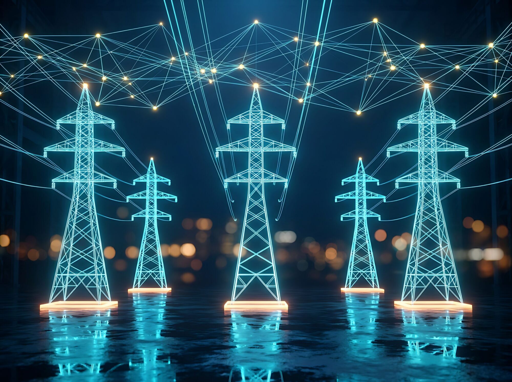 Illustration of glowing high-voltage transmission towers linked by a network of light above a city at night